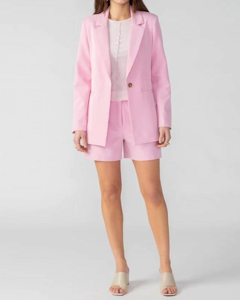 Front of a model wearing a size L Bryce Woven Blazer in Pink No. 3 in Pink No. 3 by Sanctuary. | dia_product_style_image_id:325869